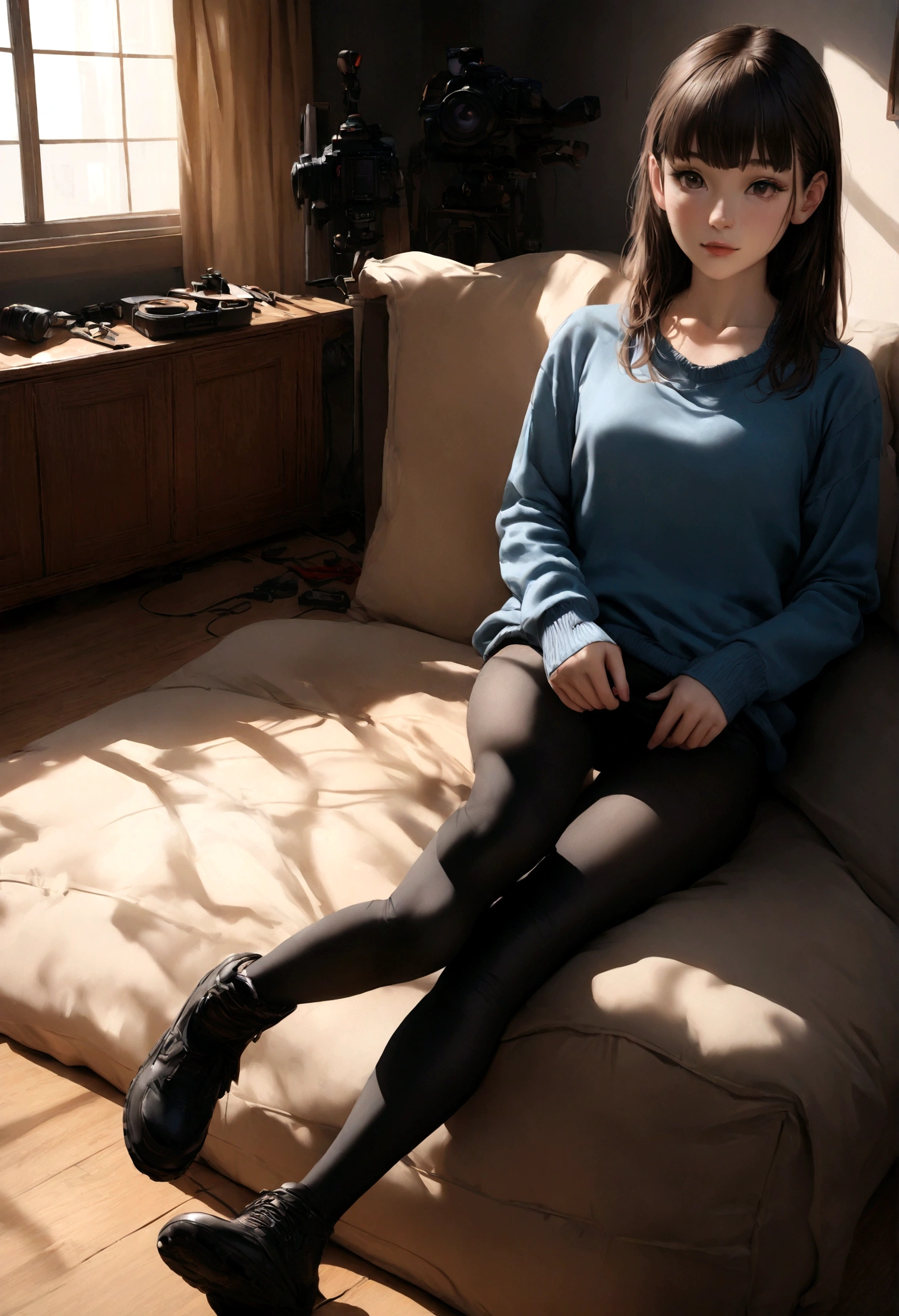 gorgeous young french woman, in her living room, on a sofa, wearing a legging and a sweatshirt, full body, beautiful face, masterpiece, best quality, ultra-detailed, solo, shadows, contrast, cinematic light, side lighting, ultra high resolution, best shadow, RAW, 4k, 85 mm, poca profundidad de campo, Kodak Vision Color, extrem adamente detallado, Cinematographer_ \(ultra\), photoreallistic, Realstic, Postproceso, Maximum details, asper eza, vida real, ultra realista, fotorrealismo, Cinematographer, 8k UHD, Cinematographer