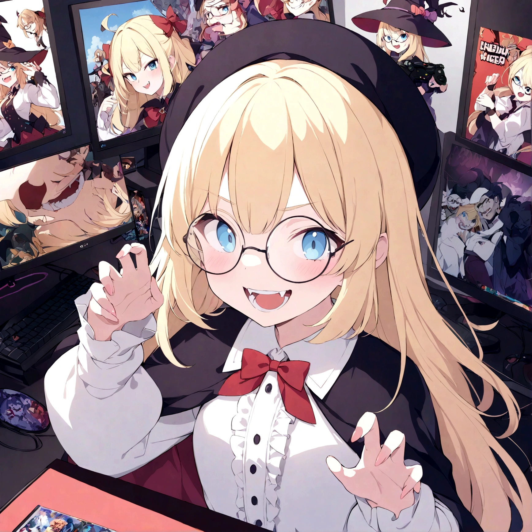 Young anime girl, long blonde hair, blue eyes, nerd, round glasses, witch outfit, Evil, Evil smile, showing teeth, Fangs, Vampire, posters, computer, gaming PC, video game controller