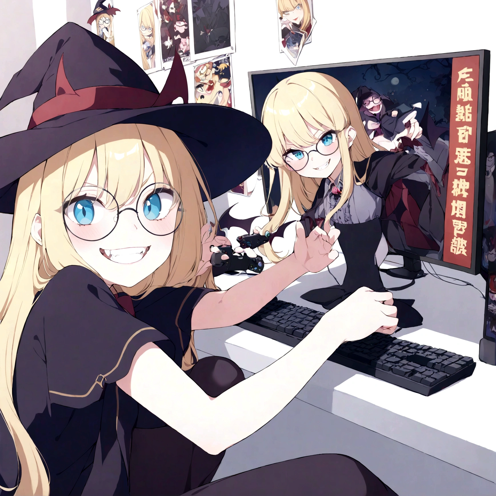 Young anime girl, long blonde hair, blue eyes, nerd, round glasses, witch outfit, Evil, Evil smile, showing teeth, Fangs, Vampire, posters, computer, gaming PC, video game controller