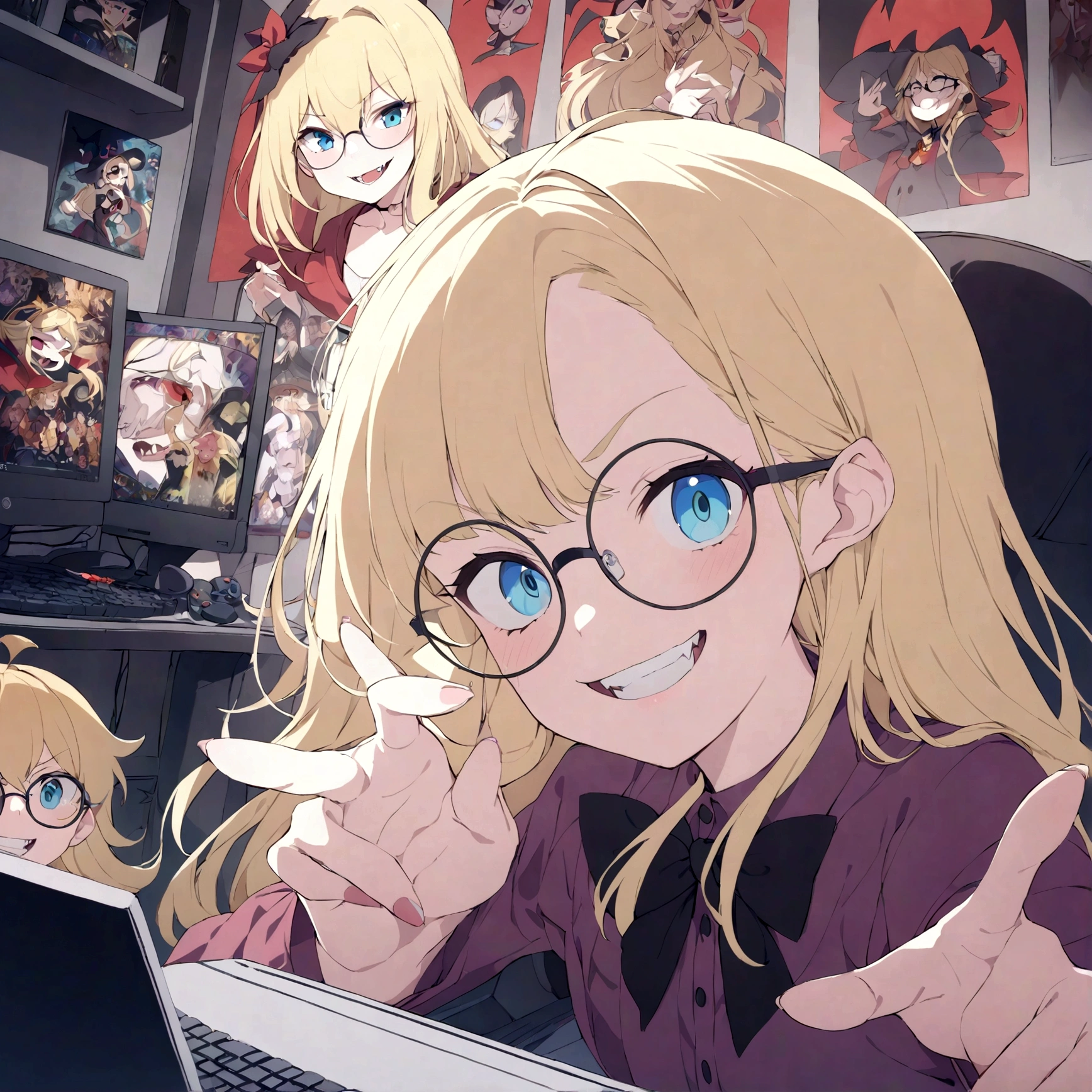 Young anime girl, long blonde hair, blue eyes, nerd, round glasses, witch outfit, Evil, Evil smile, showing teeth, Fangs, Vampire, posters, computer, gaming PC, video game controller