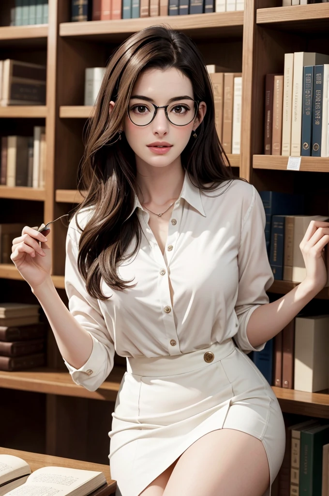 Amidst the shelves full of books in the large library, The stunning Anne Hathaway attracts attention. Her delicate face is framed by large prescription glasses., that accentuate your intelligence and charm. Hair is carefully combed, complementing your natural elegance. She wears an impeccable slightly open white dress shirt., whose buttons glow softly in the soft ambient light, and a short black skirt that highlights your graceful curves. Concentrada, ela percorre as prateleiras, os dedos finos deslizando sobre as lombadas dos livros, searching for a specific title. Her presence exudes a captivating blend of classical beauty and intellectual sophistication., making it an unforgettable sight.
