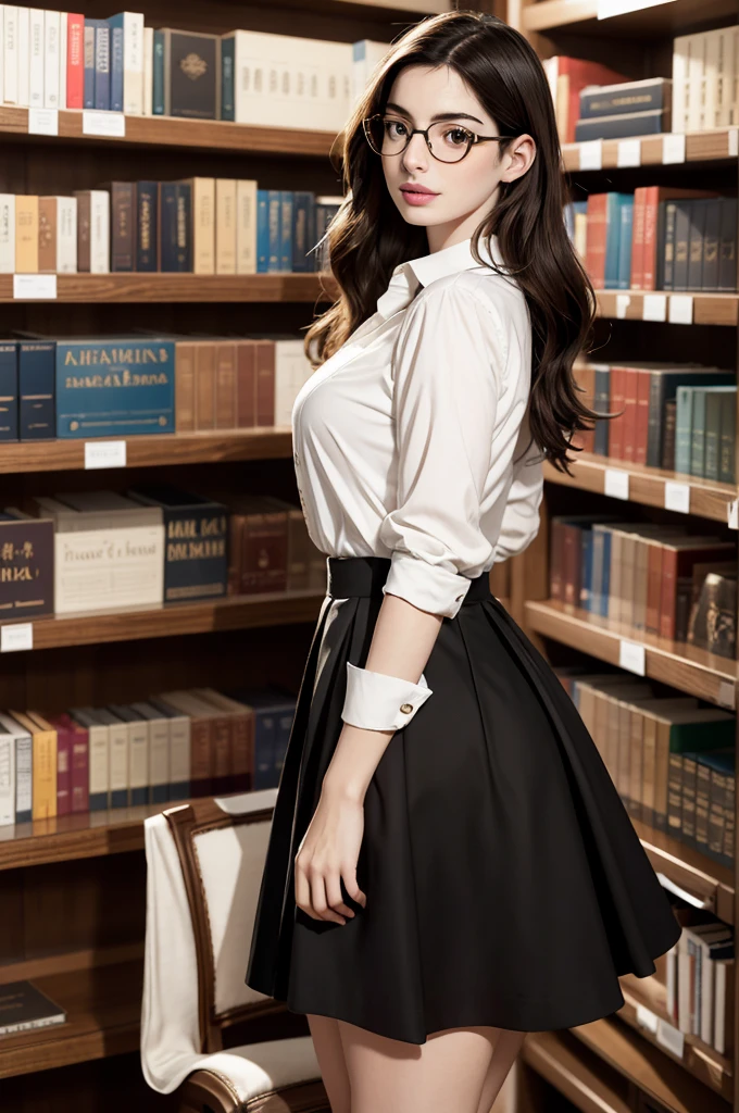 Amidst the shelves full of books in the large library, The stunning Anne Hathaway attracts attention. Her delicate face is framed by large prescription glasses., that accentuate your intelligence and charm. Hair is carefully combed, complementing your natural elegance. She wears an impeccable slightly open white dress shirt., whose buttons glow softly in the soft ambient light, and a short black skirt that highlights your graceful curves. Concentrada, ela percorre as prateleiras, os dedos finos deslizando sobre as lombadas dos livros, searching for a specific title. Her presence exudes a captivating blend of classical beauty and intellectual sophistication., making it an unforgettable sight.