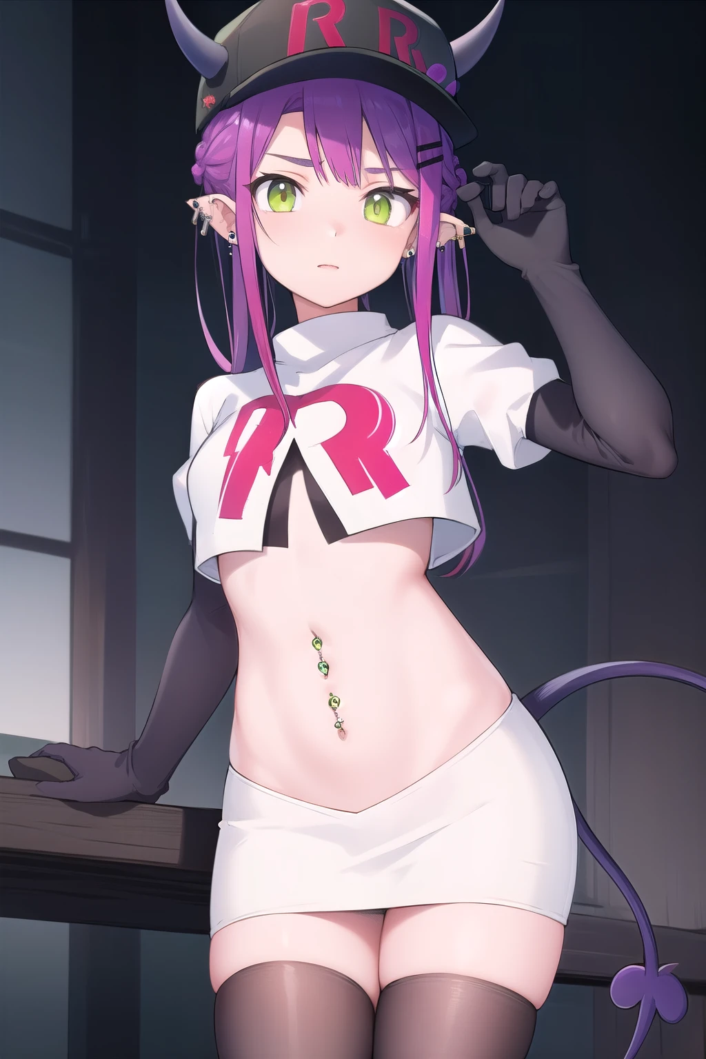 ((masterpiece)),(best quality),official art,extremely detailed CG,unity 8k wallpaper,ultra detailed,1girl,solo,cowboy shot,tokoyami towa,baseball cap,black headwear,colored inner hair,demon girl,demon tail,ear piercing,fake horns,green eyes,hair ornament,hairclip,hat,horned headwear,long hair,multicolored hair,navel piercing,pink hair,pointy ears,purple hair,sidelocks,twintails,streaked hair,tail ornament,tail piercing,team rocket,team rocket uniform,white skirt,red letter R,crop top,black thigh-highs,black elbow gloves