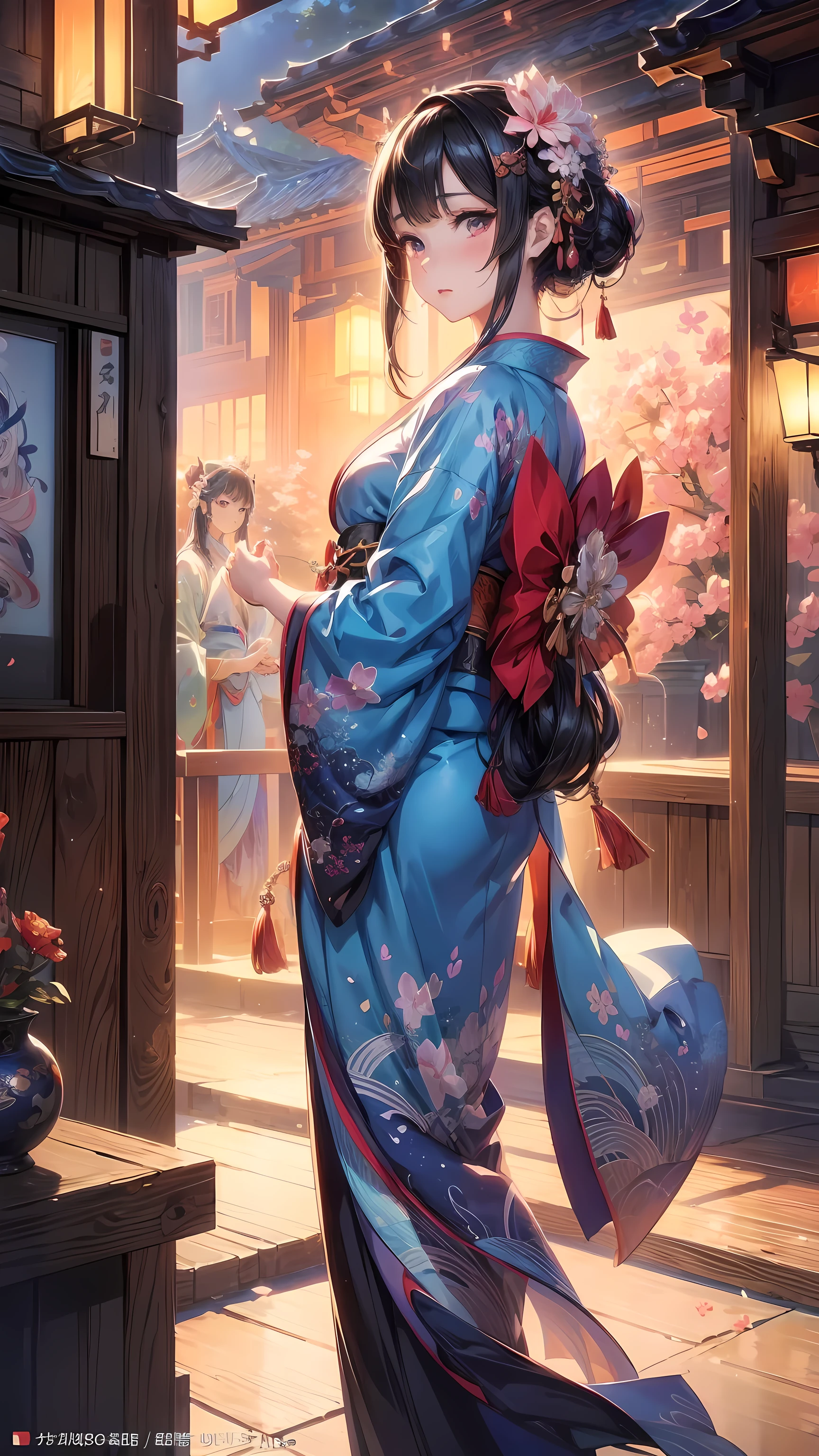 Wearing kimono、Arafi women wearing flowers on their heads, Beautiful digital artwork, Beautiful digital illustration, Beautiful digital painting, Gorgeous numbers, Artwork in the style of Guweiz, Realistic anime girl rendering, Smooth anime CG art, Beautiful digital art, Great digital art and detail, Stunning digital illustrations, Detailed digital animation art, April Rendering, Beautiful anime portrait
