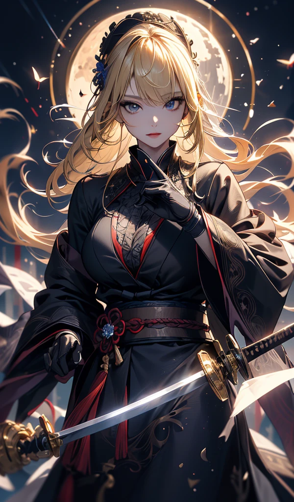 masterpiece, high quality, 4K, Beautiful design, silhouette，blonde， 非常に詳細な夜のStarry Sky,Flower Field， wonderful, Finer details,  Very knowledgeable woman, Highly detailed solo, 1 female,Big Breasts，Gothic Lolita Fashion，Japanese sword，Night view，Starry Sky，full moon，