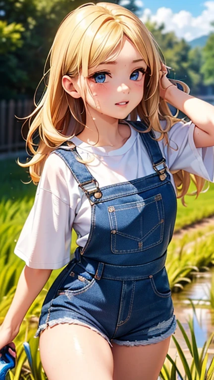 A girl is posing for a photo,pretty girl,Enchanting girl,Anime Girls,
(((One Girl,Baby Face,))),(Drooping eyes,blue eyes),(Small breasts),

(Shiny Blue Overalls:1.2、Shorts、White T-shirt:1.4、sneakers),
BREAK 

(Beautiful Hair,Shiny Hair),((Blonde))、Hair blowing in the wind、Wavy Hair、Semi-long hair),

(Expression of fine eyes,Beautiful and delicate eyes,Sparkling eyes,Eye Reflexes),
(double eyelid,Long eyelashes),
(Beautiful Nose,Thin Nose),
(Glossy lips,Beautiful Lips,Thick lips),
(Symmetrical facial features,Perfect Face),(((Detailed skin,Oily skin,Textured skin,Beautiful Skin))),
break 

(smile、Embarrassed),
((noon、Country Road、Paddy field)),((Walking、front view, Cowboy Shot)),
break 

(((highest quality)),((masterpiece)),((Very detailed))),((High resolution),(8k),(16k,1080p),(Anime 2D Rendering)),(Anatomically correct),
((Realistic)), (The best CG),Highly detailed art,CG illustration,
