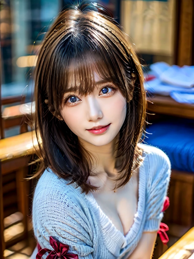 (8k, highest quality, Pieces fly:1.2)、Ultra-high resolution、anime,1 very pretty girl,Asuka Langley,Highly detailed face, Fine grain,blue eyes,,White sailor collar plain short sleeve shirt,Light blue skirt,Light Blue Suspenders,uniform_Red ribbon,Orange Hair,Long Hair、Detailed hand and fingers,put your hands in your hair,Grin、sitting on desk,Shooting from above,classroom
