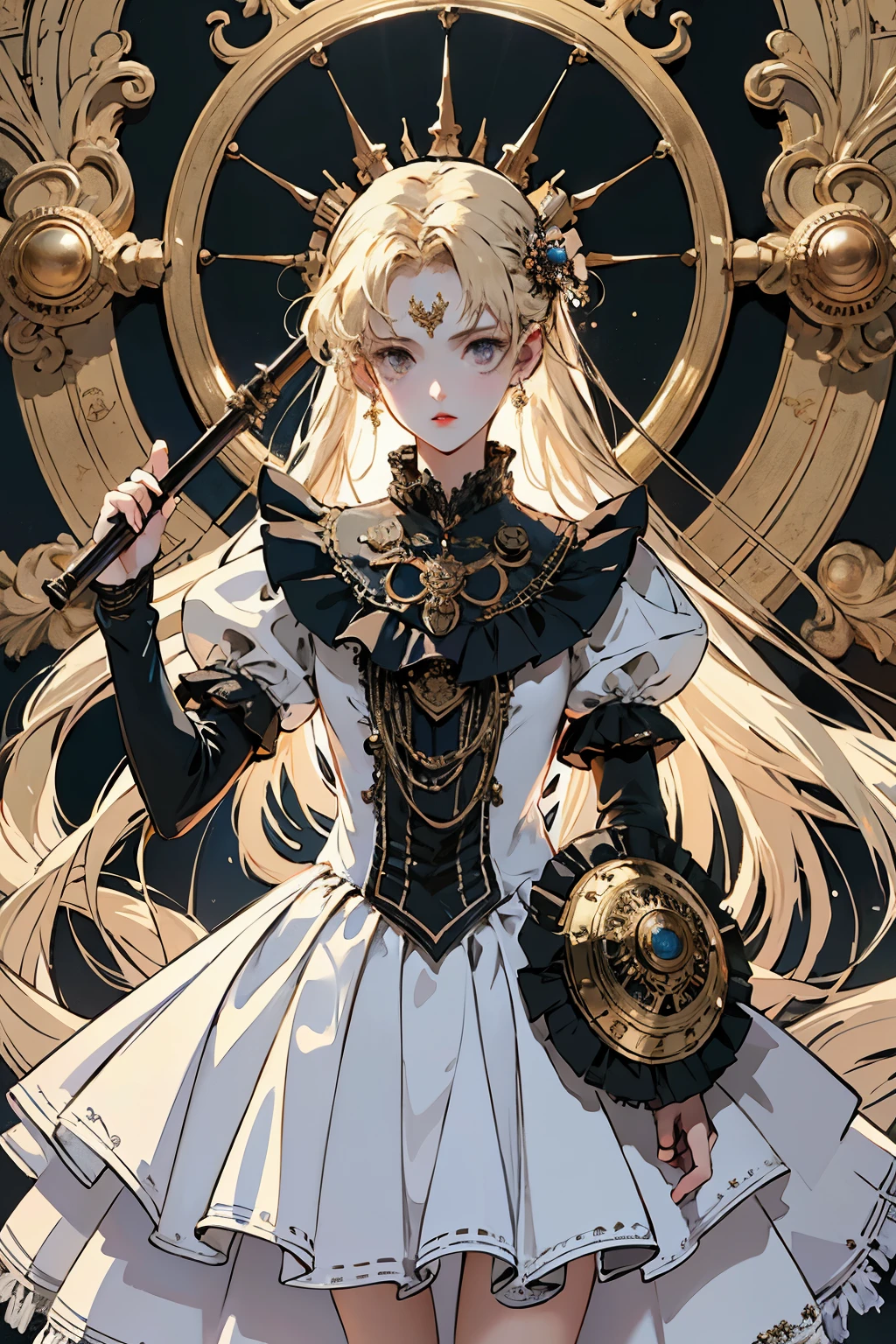 ((best quality)), ((masterpiece)), (detailed), perfect face ((best quality)), ((masterpiece)), (detailed), blank white background, plain background, white background, Bloodborne inspired, occult aesthetic, occult, detailed and intricate steampunk and detailed gothic, (zentangle, mandala, tangle, entangle), NSFW, torn clothing, Very dramatic and cinematic lighting, cosmic horror, grim-dark, side-lighting, perfect face, a beautiful goddess adorned and enshrined in armour, Bloodborne inspired , occult aesthetic , occult , detailed and intricate steampunk and detailed gothic , holding a spear or lance, NSFW, Fluttering lace flared short dress with frilly petticoats, knee length dress, pleated petticoats, lolita dress, petticoats gothic lolita, side-lighting, gothic lolita aesthetic, beautiful small breasts, small breasts, full body, whole body, body, plain background, white background, blank background, no background, white background NSFW, full body, whole body, head-to-toe