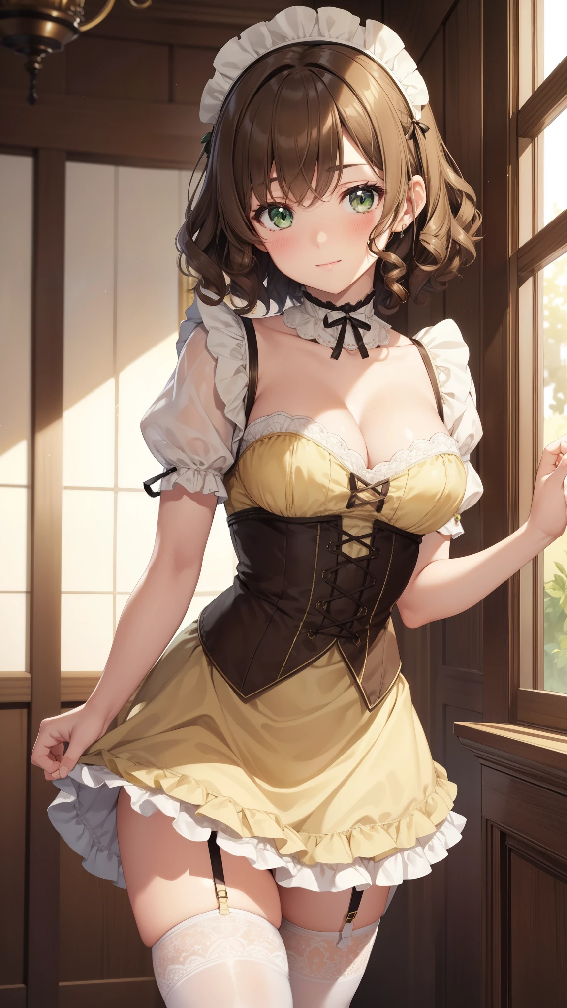 green eyes, brown hair, curly hair, masterpiece, best quality, high resolution, beautiful detailed eyes, extremely detailed face, good lighting, detailed CG, short hair, light smile, large breasts, skinny, yellow maid dress, short puffy sleeves, small maid skirt, thigh highs, collarbone, cleavage, detached collar
