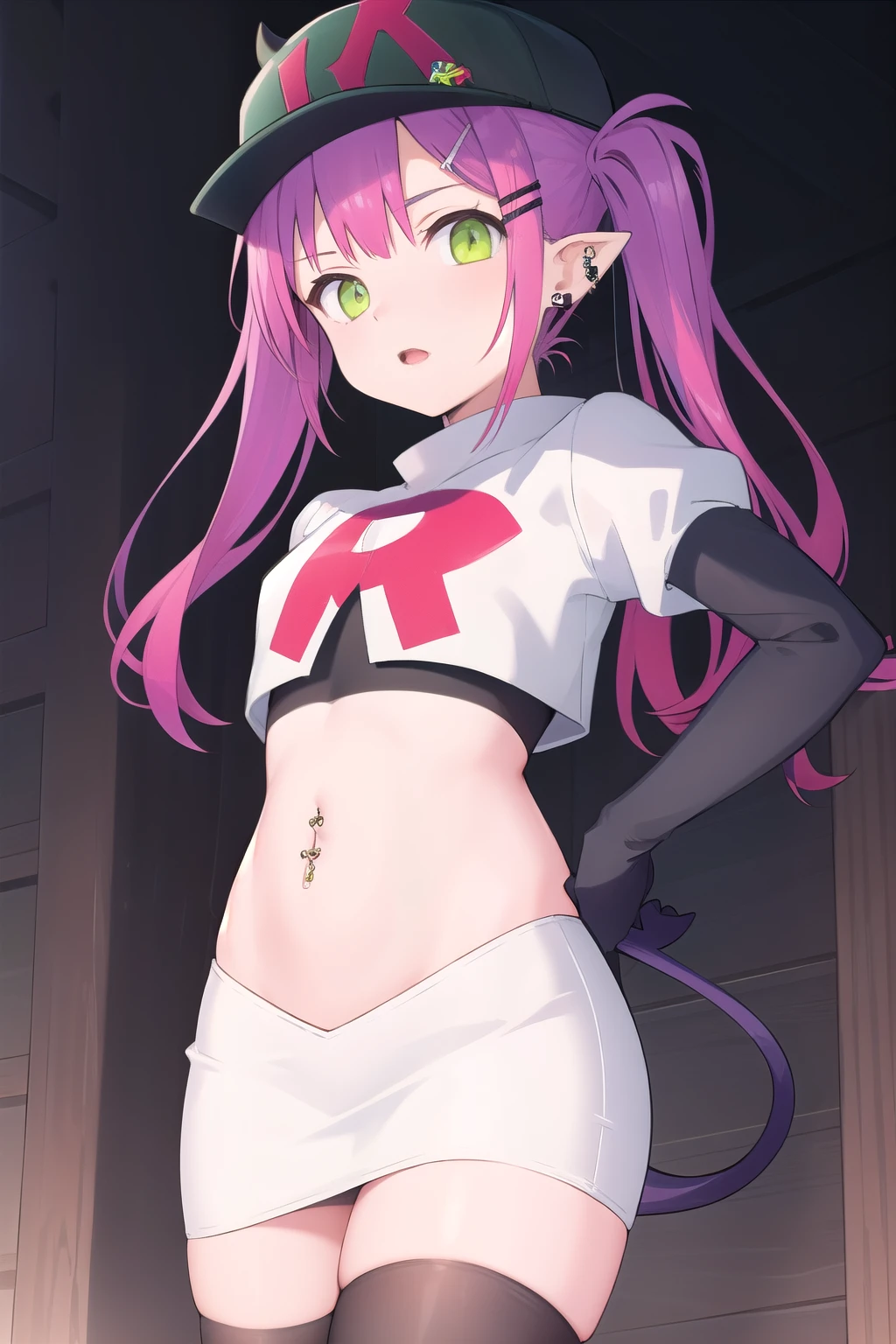 ((masterpiece)),(best quality),official art,extremely detailed CG,unity 8k wallpaper,ultra detailed,1girl,solo,cowboy shot,tokoyami towa,baseball cap,black headwear,colored inner hair,demon girl,demon tail,ear piercing,fake horns,green eyes,hair ornament,hairclip,hat,horned headwear,long hair,multicolored hair,navel piercing,pink hair,pointy ears,purple hair,sidelocks,twintails,streaked hair,tail ornament,tail piercing,team rocket,team rocket uniform,white skirt,red letter R,crop top,black thigh-highs,black elbow gloves