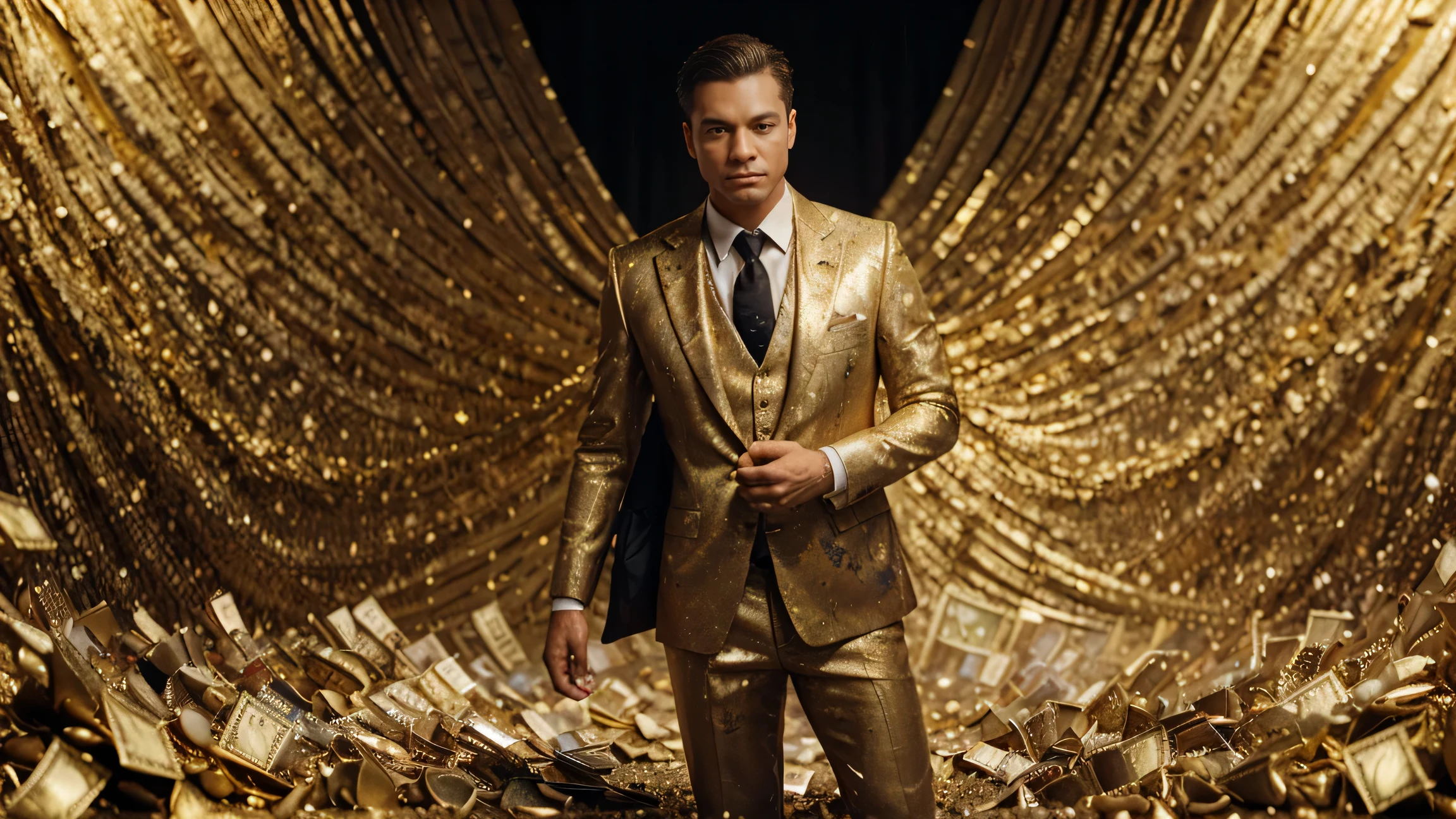 A detailed painting of a person in a suit, surrounded by a flurry of dollar bills and gold bars, gold coins, ultra realistic image, hyper detailed skin, 8k image.