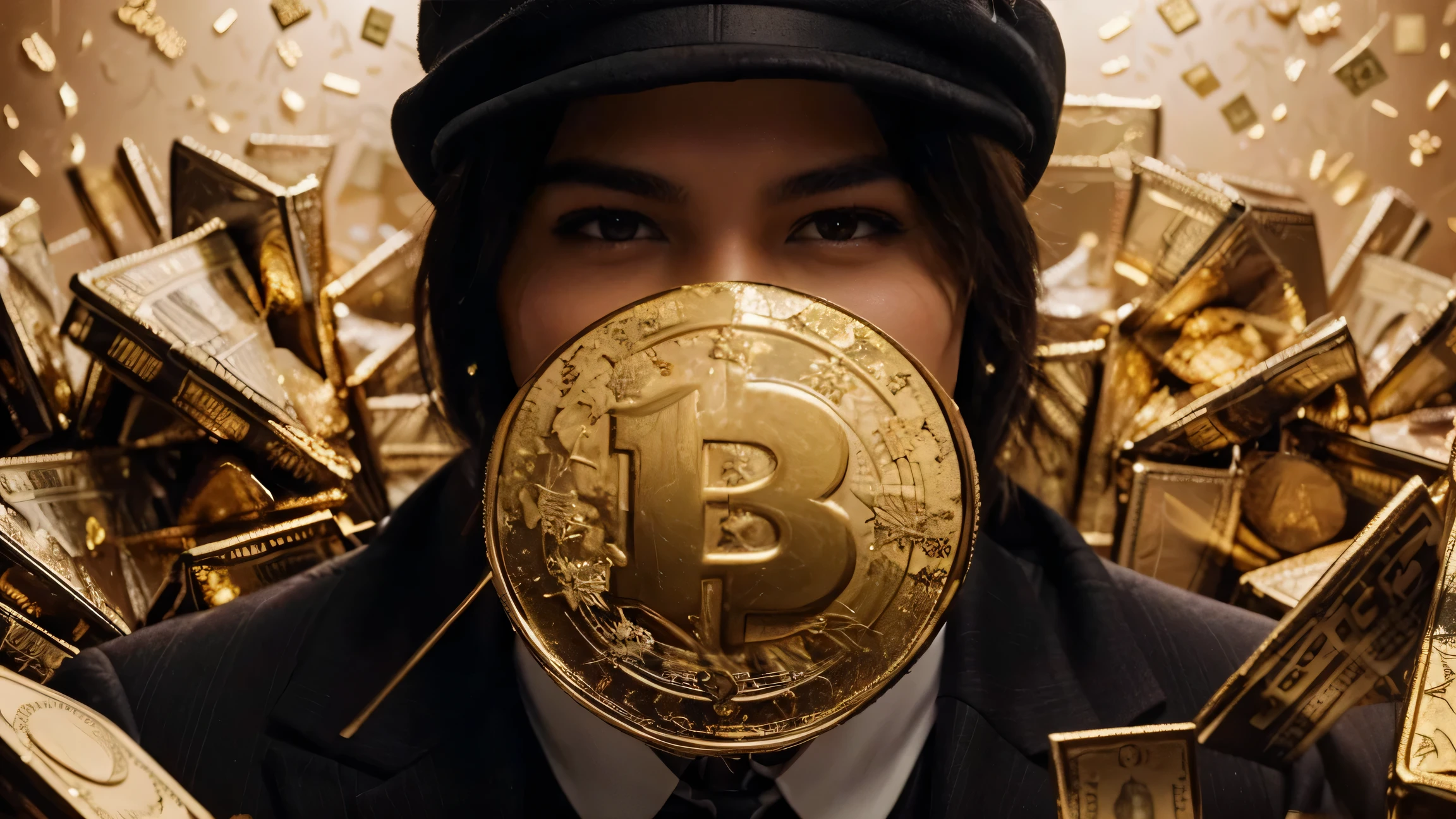 A detailed painting of a person in a suit, surrounded by a flurry of dollar bills and gold bars, gold coins, ultra realistic image, hyper detailed skin, 8k image.