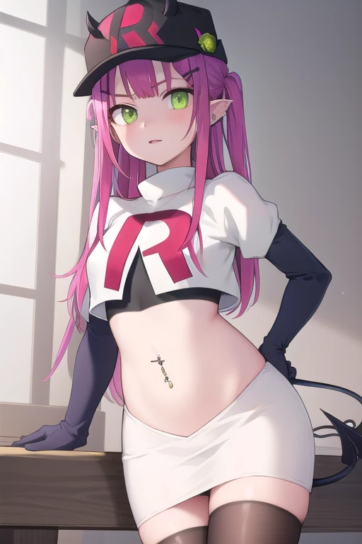 ((masterpiece)),(best quality),official art,extremely detailed CG,unity 8k wallpaper,ultra detailed,1girl,solo,cowboy shot,tokoyami towa,baseball cap,black headwear,colored inner hair,demon girl,demon tail,ear piercing,fake horns,green eyes,hair ornament,hairclip,hat,horned headwear,long hair,multicolored hair,navel piercing,pink hair,pointy ears,purple hair,sidelocks,twintails,streaked hair,tail ornament,tail piercing,team rocket,team rocket uniform,white skirt,red letter R,crop top,black thigh-highs,black elbow gloves