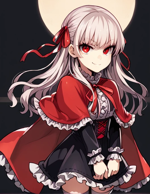 1girl, solo, female,
capelet, dress, frilled dress, frills, gothic, hair ribbon, puffy long sleeves, red ribbon, thighhighs, smile, looking at viewer, smirk
BREAK
score_9, score_8_up, score_7_up, score_6_up, source_anime, rating_safe 