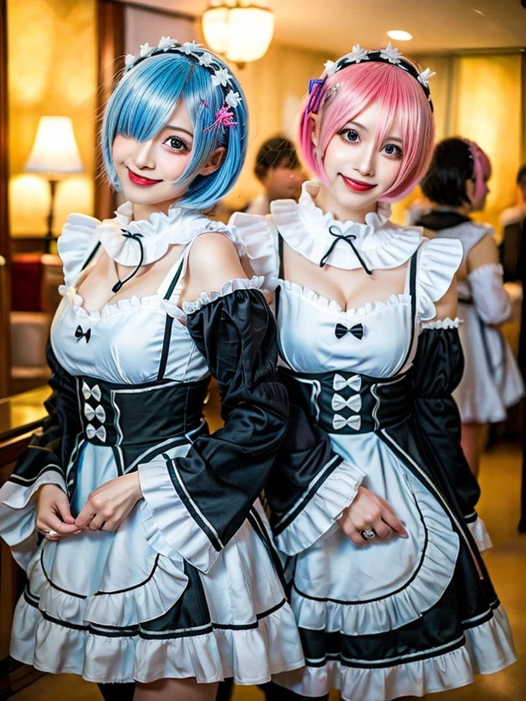 (8K, Photorealistic, Raw photo, of the highest quality: 1.3), (1girl in), Super beautiful, (Realistic face), (boyish, light blue Color Berry Shorthair),(8K, Photorealistic, Raw photo, of the highest quality: 1.3), (1girl in), Super beautiful, (Realistic face), (boyish, pink Color Berry Shorthair), Beautiful , Glare that captivates the viewer, Beautiful expression, Beautiful breasts, (Realistic skin), Be...Create a detailed and colorful image of Ram and Rem from Re:Zero, standing back-to-back in their maid outfits, with a magical fantasy background、14years old, two girls,cute, perfect face, beautiful, nice body, gothic ta clothes, gothic loliashion, frilly skirt, headdress, necklace, bracelet, knee-high socks, boots, double eyelids, tear bags, Detailed down to the fingers, photo-like description, indoors, dim indoor lighting, one girl is pink hair and short bob, another girl is light blue hair and short bob,standing, whole body, composition that shows the whole body, smiling,The Both of them are wearing the same type of maid outfit