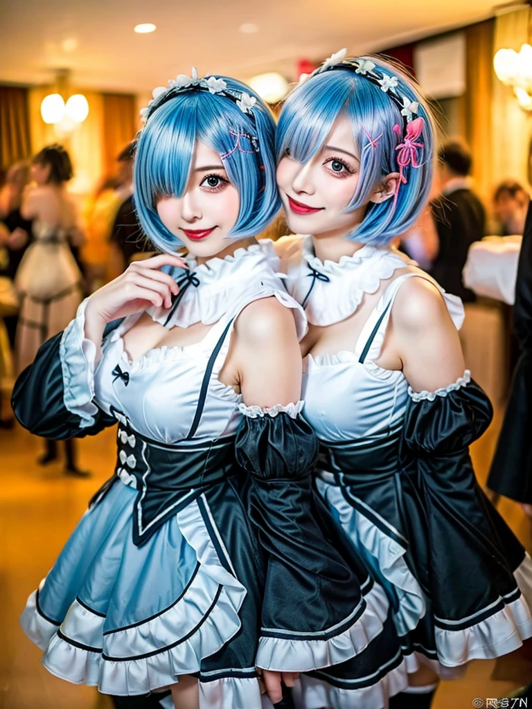 (8K, Photorealistic, Raw photo, of the highest quality: 1.3), (1girl in), Super beautiful, (Realistic face), (boyish, light blue Color Berry Shorthair),(8K, Photorealistic, Raw photo, of the highest quality: 1.3), (1girl in), Super beautiful, (Realistic face), (boyish, pink Color Berry Shorthair), Beautiful , Glare that captivates the viewer, Beautiful expression, Beautiful breasts, (Realistic skin), Be...Create a detailed and colorful image of Ram and Rem from Re:Zero, standing back-to-back in their maid outfits, with a magical fantasy background、14years old, two girls,cute, perfect face, beautiful, nice body, gothic lolita clothes, gothic lolita fashion, frilly skirt, headdress, necklace, bracelet, knee-high socks, boots, double eyelids, tear bags, Detailed down to the fingers, photo-like description, indoors, dim indoor lighting, one girl is pink hair and short bob, another girl is light blue hair and short bob,standing, whole body, composition that shows the whole body, smiling,The Both of them are wearing the same type of maid outfit