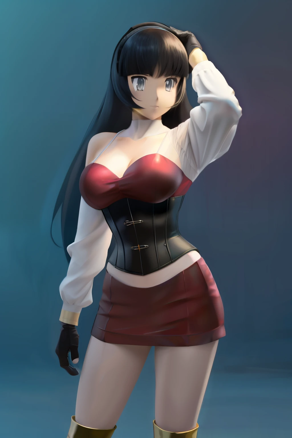 Generate an illustration of a mature Sabrina, gym leader of pokemon, (large shoulder pads), black gloves, hairband, holding a poke ball, dark hair, long straight hair, hair flows straight down, Red outfit in anime format with a serious style, black corset, black boots, masterpiece, dark lighting, black background, animatronic, robot joints, slendered abs, beautiful face, empty eyes,