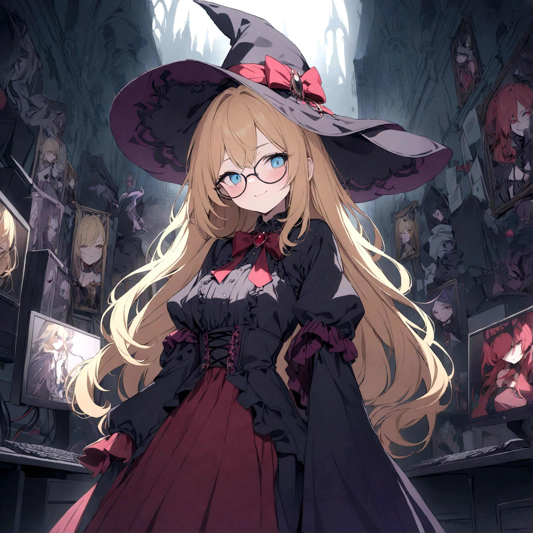 a young anime girl with long blonde hair, blue eyes, wearing round glasses, in a witch outfit, with an evil smile showing fangs, a vampire, surrounded by posters, a computer, a gaming PC, and a video game controller, (best quality,4k,8k,highres,masterpiece:1.2),ultra-detailed,intricate details,highly detailed,extremely detailed,exquisite,cinematic lighting,dramatic lighting,chiaroscuro lighting,dramatic contrast,vibrant colors,rich colors,gothic,dark fantasy,sinister,twisted,ominous,malevolent