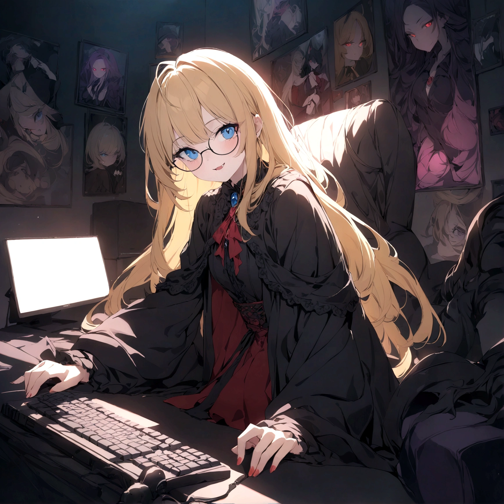 a young anime girl with long blonde hair, blue eyes, wearing round glasses, in a witch outfit, with an evil smile showing fangs, a vampire, surrounded by posters, a computer, a gaming PC, and a video game controller, (best quality,4k,8k,highres,masterpiece:1.2),ultra-detailed,intricate details,highly detailed,extremely detailed,exquisite,cinematic lighting,dramatic lighting,chiaroscuro lighting,dramatic contrast,vibrant colors,rich colors,gothic,dark fantasy,sinister,twisted,ominous,malevolent