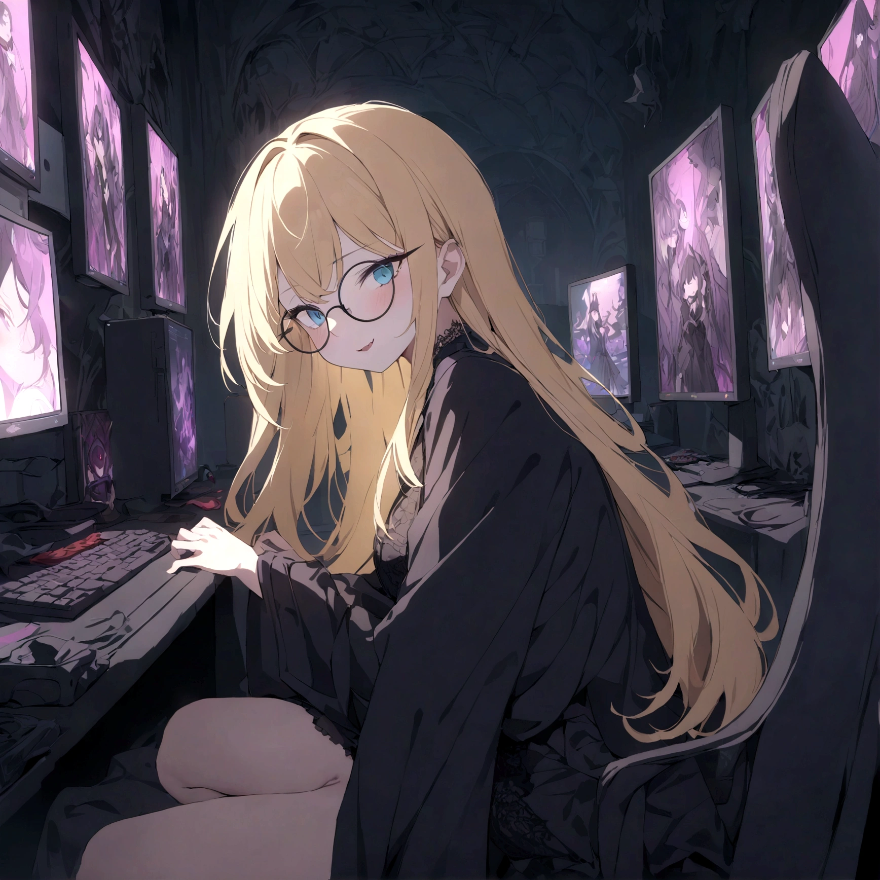 a young anime girl with long blonde hair, blue eyes, wearing round glasses, in a witch outfit, with an evil smile showing fangs, a vampire, surrounded by posters, a computer, a gaming PC, and a video game controller, (best quality,4k,8k,highres,masterpiece:1.2),ultra-detailed,intricate details,highly detailed,extremely detailed,exquisite,cinematic lighting,dramatic lighting,chiaroscuro lighting,dramatic contrast,vibrant colors,rich colors,gothic,dark fantasy,sinister,twisted,ominous,malevolent