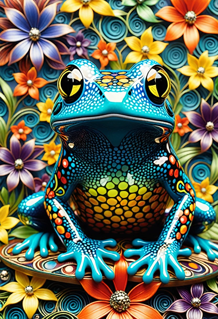 (Meisterwerk、top quality、Offizielle Kunst、Beautifully aesthetic:1.2)、(1 Frosch) Eine sehr detaillierte、(fraktale Kunst:1.1)、(bunt:1.1)(Blumen:1.3)、Die detailliertesten、(Zentangle:1.2)、Full Body Esbian、(abstrakter Hintergrund:1.3)、(SHINY SKIN)、(viele Farben:1.4)、(Feder:1.5)、Werke von Meistern,high quality,8K resolution,superfein, filmische Beleuchtung
