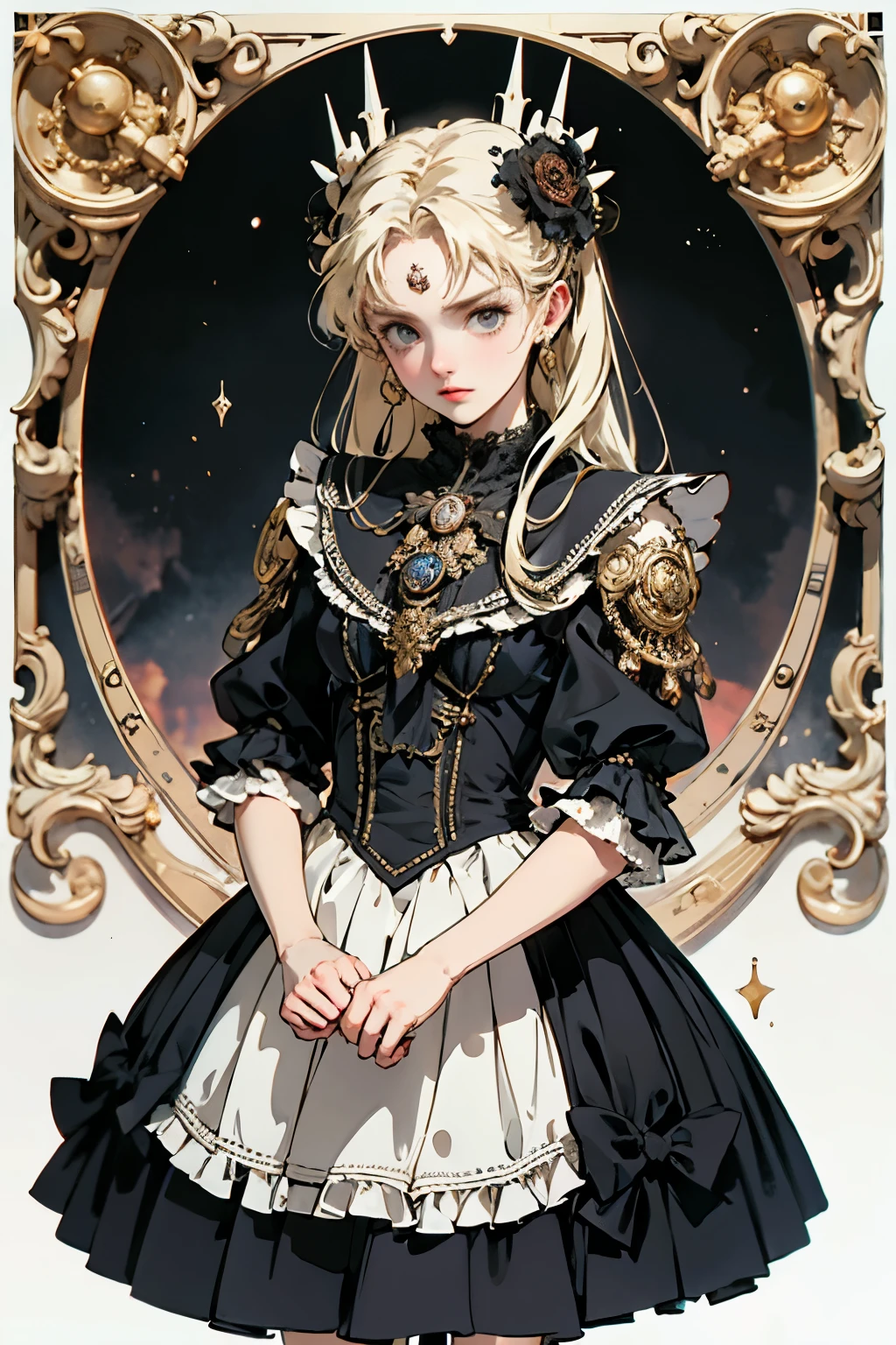 ((best quality)), ((masterpiece)), (detailed), perfect face ((best quality)), ((masterpiece)), (detailed), blank white background, plain background, white background, Bloodborne inspired, occult aesthetic, occult, detailed and intricate steampunk and detailed gothic, (zentangle, mandala, tangle, entangle), NSFW, torn clothing, Very dramatic and cinematic lighting, cosmic horror, grim-dark, side-lighting, perfect face, a beautiful goddess adorned and enshrined in armour, Bloodborne inspired , occult aesthetic , occult , detailed and intricate steampunk and detailed gothic , holding a spear or lance, NSFW, Fluttering lace flared short dress with frilly petticoats, knee length dress, pleated petticoats, lolita dress, petticoats gothic lolita, side-lighting, gothic lolita aesthetic, beautiful small breasts, small breasts, full body, whole body, body, plain background, white background, blank background, no background, white background NSFW, full body, whole body, head-to-toe