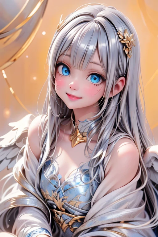 close_up of an (angel) smiling, sparkling (blue) eyes, shiny white hair, (golden and silver) make_up, white wings, heavenly background,