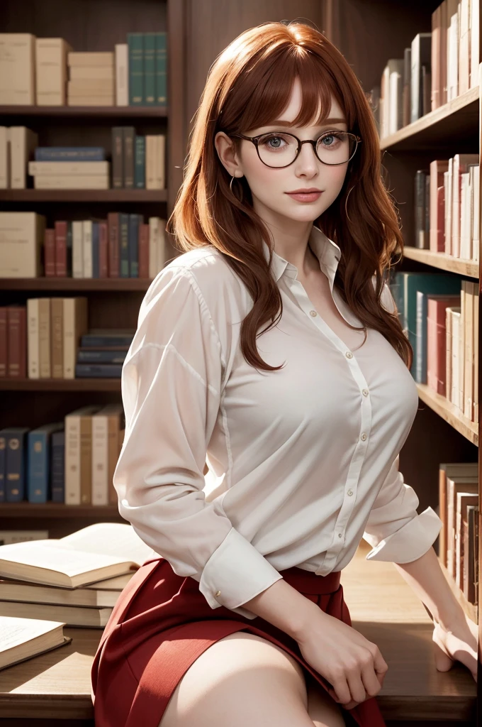 Amidst the shelves full of books in the large library, Stunning Bryce Dallas Howard turns heads. Her delicate face is framed by large prescription glasses., that accentuate your intelligence and charm. Hair is carefully combed, complementing your natural elegance. Seios nus, She wears an impeccable open white dress shirt, whose buttons glow softly in the soft ambient light, and a very short red skirt that highlights her graceful curves. Concentrada, ela percorre as prateleiras, os dedos finos deslizando sobre as lombadas dos livros, searching for a specific title. Her presence exudes a captivating blend of classical beauty and intellectual sophistication., making it an unforgettable sight.
