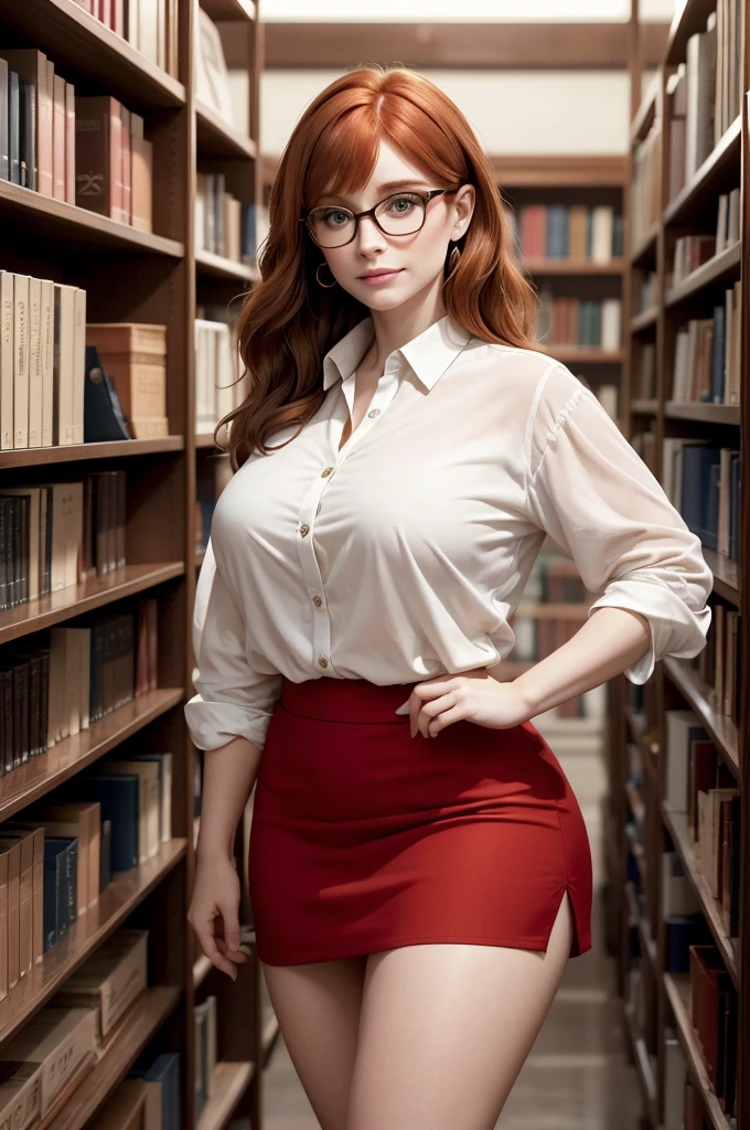 Amidst the shelves full of books in the large library, Stunning Bryce Dallas Howard turns heads. Her delicate face is framed by large prescription glasses., that accentuate your intelligence and charm. Hair is carefully combed, complementing your natural elegance. Seios nus, She wears an impeccable open white dress shirt, whose buttons glow softly in the soft ambient light, and a very short red skirt that highlights her graceful curves. Concentrada, ela percorre as prateleiras, os dedos finos deslizando sobre as lombadas dos livros, searching for a specific title. Her presence exudes a captivating blend of classical beauty and intellectual sophistication., making it an unforgettable sight.