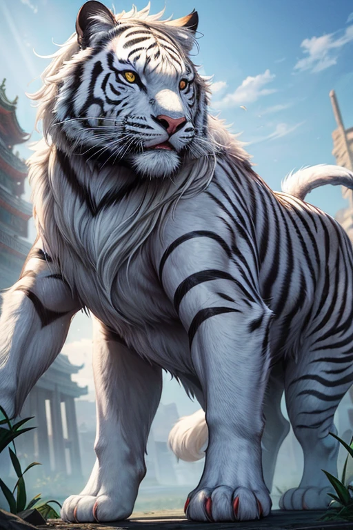 Please create a stunning depiction of the legendary white tiger from Chinese mythology. (best quality, highres:1.2)
1 subject, majestic and imposing, intricate fur patterns, pure white, detailed whiskers, glowing amber eyes, powerful and muscular build, long tail with a striking black tip, posing proudly, mid-action, blocking the sun with its mass, set against a serene backdrop of ancient Chinese architecture, dynamic lighting, low angle, reminiscent of movie quality, capturing the ferocity and grace of the mythical creature, close-up view, highly-detailed mane, sharp focus, extreme detail description, realistic rendering, exhibition piece, dramatic