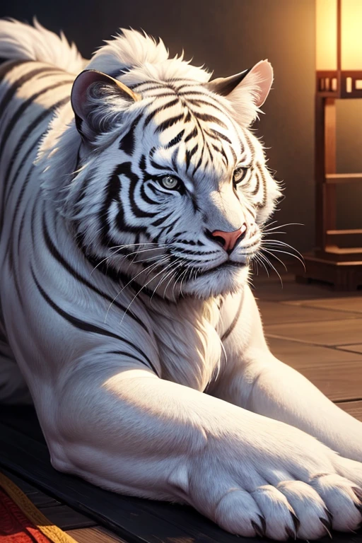 Please create a stunning depiction of the legendary white tiger from Chinese mythology. (best quality, highres:1.2)
1 subject, majestic and imposing, intricate fur patterns, pure white, detailed whiskers, glowing amber eyes, powerful and muscular build, long tail with a striking black tip, posing proudly, mid-action, blocking the sun with its mass, set against a serene backdrop of ancient Chinese architecture, dynamic lighting, low angle, reminiscent of movie quality, capturing the ferocity and grace of the mythical creature, close-up view, highly-detailed mane, sharp focus, extreme detail description, realistic rendering, exhibition piece, dramatic