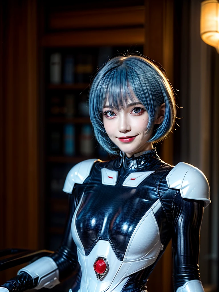 Masterpiece, highest quality, 8K, detailed skin texture, fine cloth texture, beautiful detailed face, intricate details, super detailed, portrait of Rei Ayanami, blue hair, red eyes, looking far away, no background, Evangelion Wearing a plug suit when riding, plug suit, whole body visible, standing, arms crossed, 15 years old, beautiful, cute, great style, smiling,composition that shows the whole body,