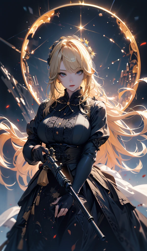 masterpiece, high quality, 4K, Beautiful design, silhouette,blonde, 非常に詳細な夜のStarry Sky,Flower Field, wonderful, Finer details, Very knowledgeable woman, Highly detailed solo, 1 female,Big Breasts,Gothic ta Fashion,Sniper rifle equipment,Night view,Starry Sky,full moon,