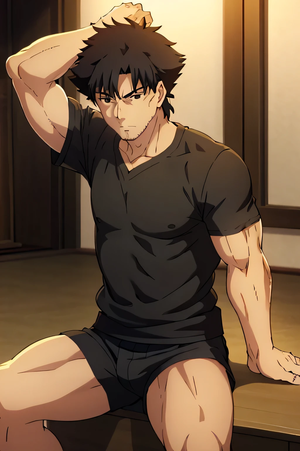 Kiritsugu is sitting and flexing his arms. He wears a black tshirt with short sleeves. His right sleeve is completely rolled up, so you can see his entire arm and shoulder. He wears black short boxershorts. You can see his thighs completely. He has a huge bulge. You can see his abs too. He is admiring his arms.