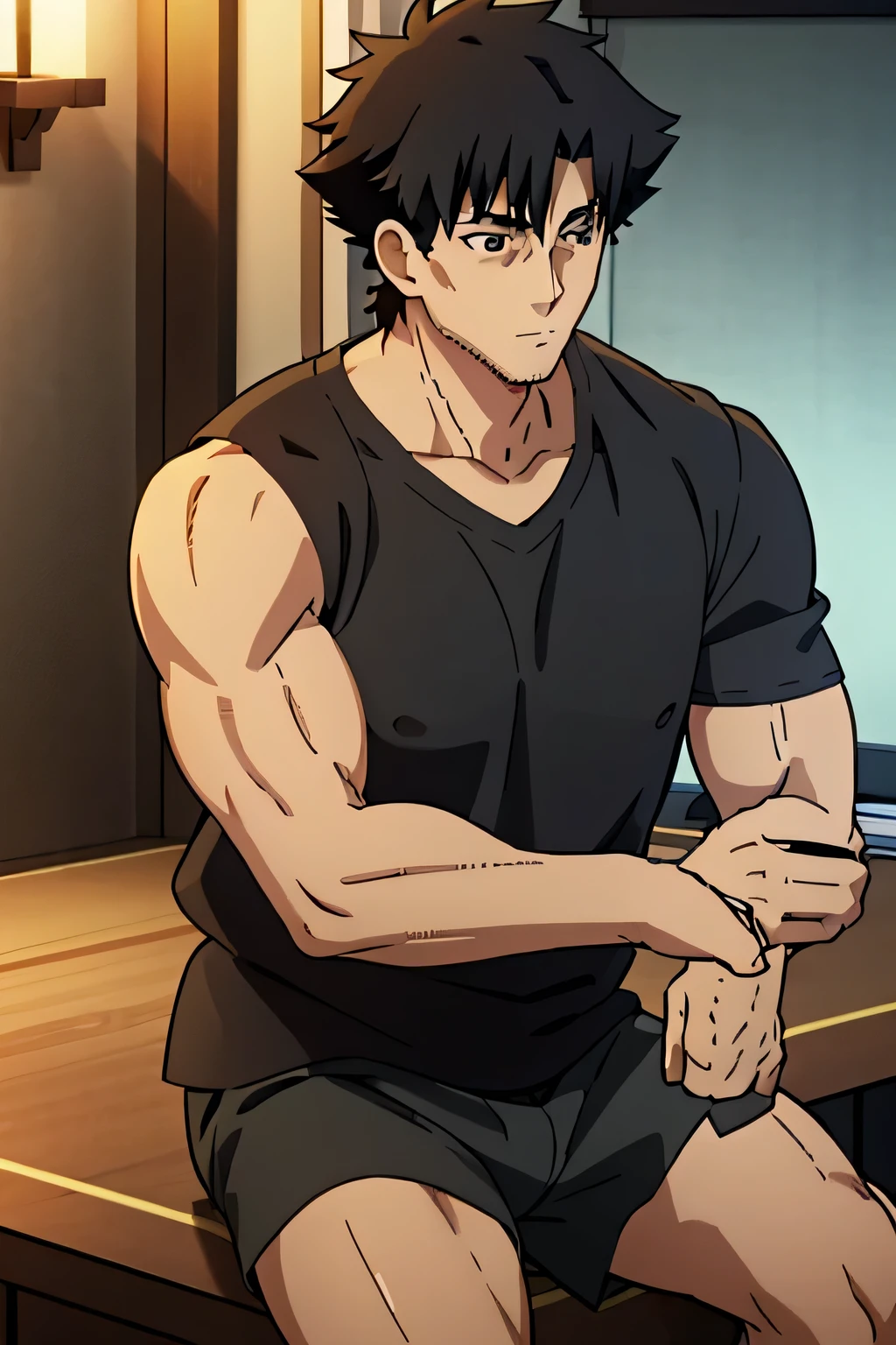 Kiritsugu is sitting and flexing his biceps and abs. He wears black short boxershorts. You can see his thighs. He is admiring his muscles. He has bulging veins on his arms. He wears a black tshirt with short sleeves. His right sleeve is completely rolled up so you can see his entire arm and shoulder. He is showing his abs too.