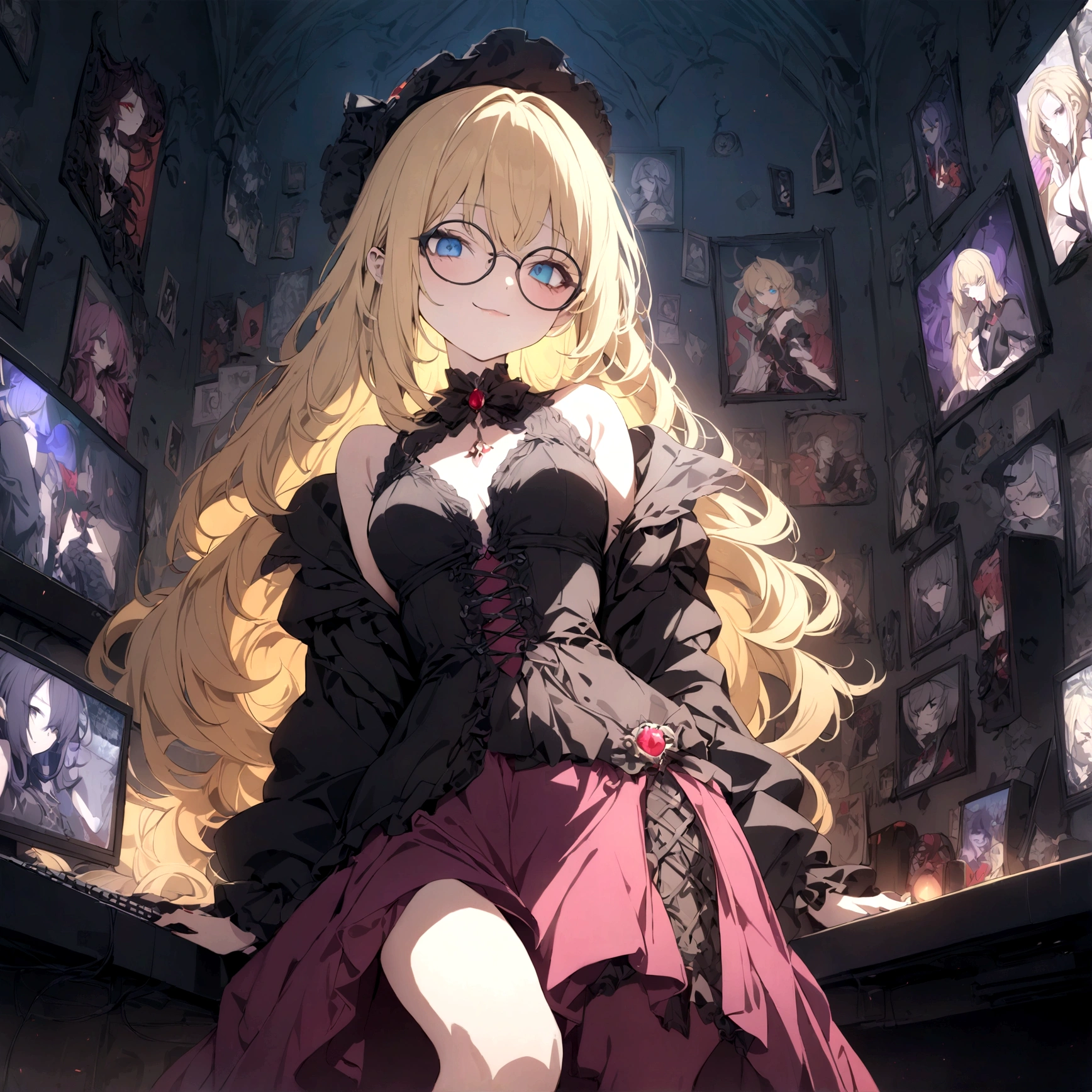 a young anime girl with long blonde hair, blue eyes, wearing round glasses, in a witch outfit, with an evil smile showing fangs, a vampire, surrounded by posters, a computer, a gaming PC, and a video game controller, (best quality,4k,8k,highres,masterpiece:1.2),ultra-detailed,intricate details,highly detailed,extremely detailed,exquisite,cinematic lighting,dramatic lighting,chiaroscuro lighting,dramatic contrast,vibrant colors,rich colors,gothic,dark fantasy,sinister,twisted,ominous,malevolent