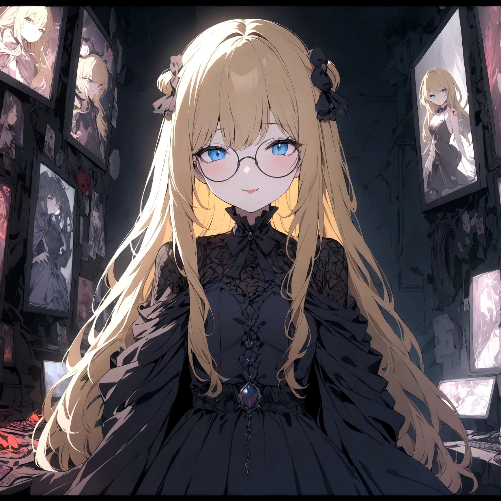 a young anime girl with long blonde hair, blue eyes, wearing round glasses, in a witch outfit, with an evil smile showing fangs, a vampire, surrounded by posters, a computer, a gaming PC, and a video game controller, (best quality,4k,8k,highres,masterpiece:1.2),ultra-detailed,intricate details,highly detailed,extremely detailed,exquisite,cinematic lighting,dramatic lighting,chiaroscuro lighting,dramatic contrast,vibrant colors,rich colors,gothic,dark fantasy,sinister,twisted,ominous,malevolent