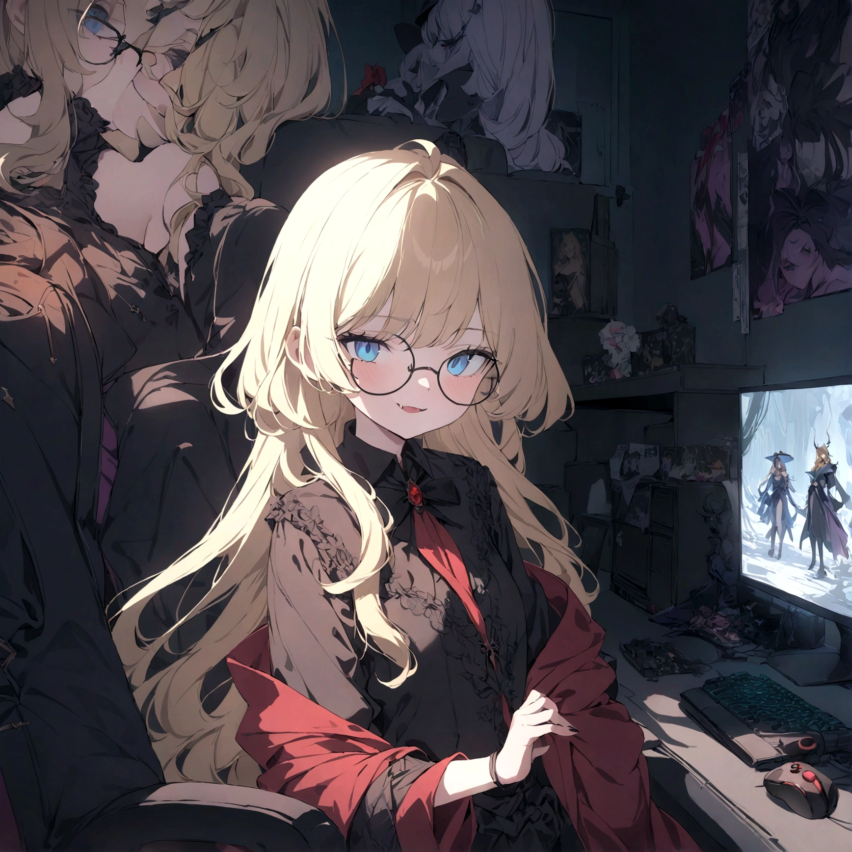 a young anime girl with long blonde hair, blue eyes, wearing round glasses, in a witch outfit, with an evil smile showing fangs, a vampire, surrounded by posters, a computer, a gaming PC, and a video game controller, (best quality,4k,8k,highres,masterpiece:1.2),ultra-detailed,intricate details,highly detailed,extremely detailed,exquisite,cinematic lighting,dramatic lighting,chiaroscuro lighting,dramatic contrast,vibrant colors,rich colors,gothic,dark fantasy,sinister,twisted,ominous,malevolent