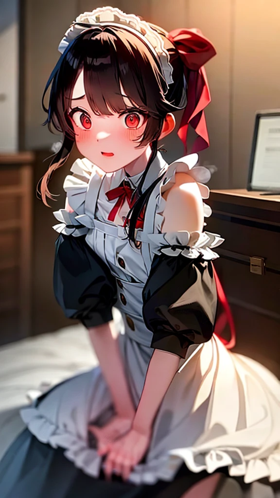 adulto, Cabello negro ondulado, mirada penetrante con ojos profundos de color rojo, estatura promedio, Silky hair with a ponytail hairstyle collected with a red bow with two white lines, tiene pechos medianos, primer plano, session, standing in the middle of his room [[[Risa malvada]]] , Sonrojada, muslos grandes, maid, sirvienta  