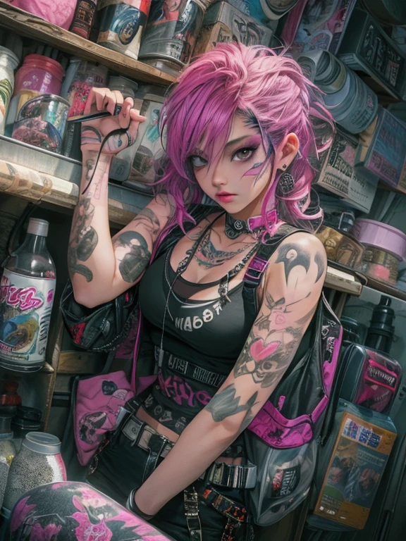 (highest quality、8k、32k、masterpiece、Hmph:1.3)、(Photorealistic:1.4),18-year-old punk girl,、Crazy punk hair,Radical punk fashion,Tank top、Cleavage, Wacky makeup、Pink Hair,、Lots of tattoos on the body,、at night, background, slum alleyway background、dark, Lights out, Backlight effect、Depth of written boundary,ぼやけたbackground, Grainy, dark atmospher