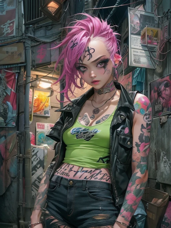 (highest quality、8k、32k、masterpiece、Hmph:1.3)、(Photorealistic:1.4),18-year-old punk girl,、Crazy punk hair,Radical punk fashion,Tank top、Cleavage, Wacky makeup、Pink Hair,、Lots of tattoos on the body,、at night, background, slum alleyway background、dark, Lights out, Backlight effect、Depth of written boundary,ぼやけたbackground, Grainy, dark atmospher