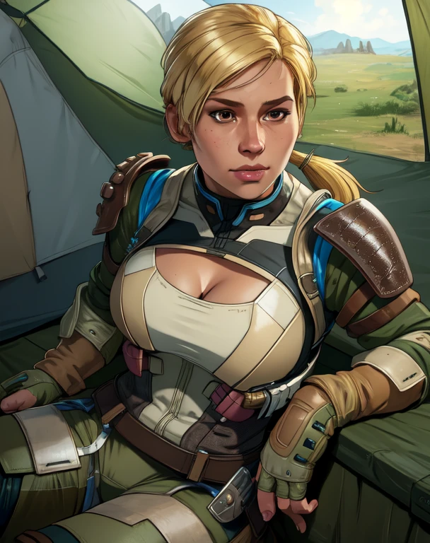 Cassie,blonde hair,solo,ponytail,brown eyes,
fingerless gloves,armor,bodysuit, cleavage cutout, 
upper body,  
barracks, tent,  sitting, 
(insanely detailed, beautiful detailed face, masterpiece, best quality), solo, 
 