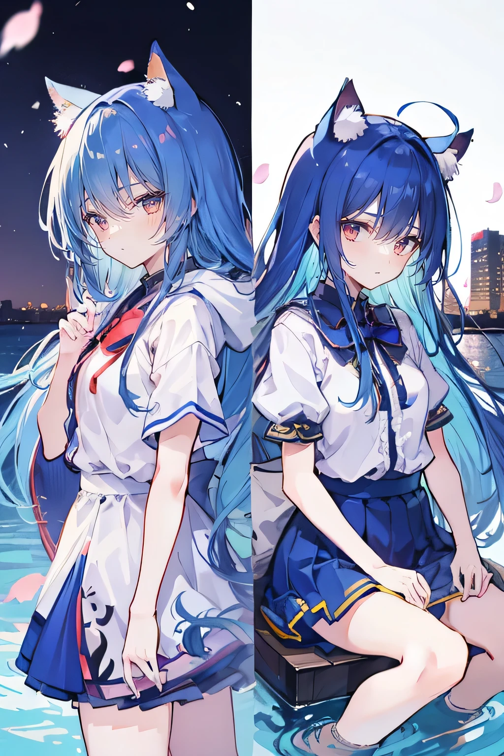 (masterpiece:1.2),Super detailed,lifelike,Expressive eyes,fair skin,perfect face shape,1 girl,
Japanese comics,Gorgeous blue hair,flowing blue hair,flowing clothes,Cat ears,Petals fall,beautiful lola,Baby Angel,
Shaking head with one hand,Cross your legs,Gentle and peaceful background,The pavilion is cool and comfortable,smile, wearing hoodie, background of tokyo,back views,snowing, winter,lie on the water.