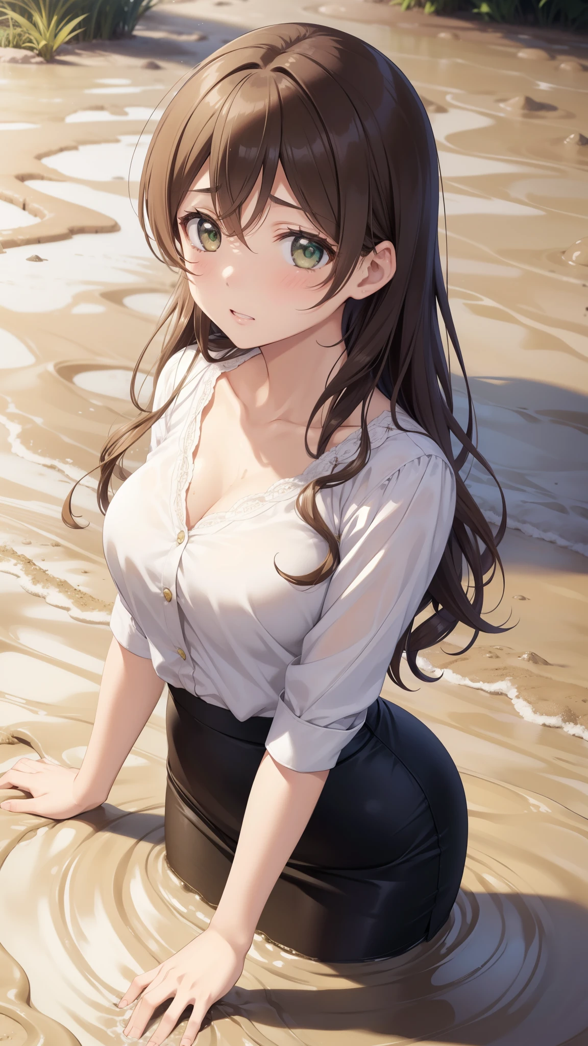 nozomitoujou, nozomi toujou, green eyes, black hair, short curly hair, pale skin, medium breasts, masterpiece, best quality, high resolution, beautiful detailed eyes, extremely detailed face, good lighting, detailed CG, messy hair, red lipstick, corset, (quicksand:1.3), upset, scared