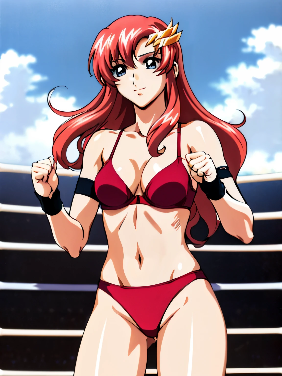 lacus4, (red bikini, running, thong, thin girl, masterpiece, cowboy shot, very slim shoulders, 4K, Best Quality, Anime style: 1.9, happy, Adult Woman, (ultra detailed head), (wrestling arena with crowd, cloud background), Drawing lines, high resolution, lacus4), 1girl, Solo, curvy figure, Long hair, clavicle, scapular, (Detailed wide hair bangs, Hair Ornament, Detailed reddish-pink hair, shiny streaks, slim arms, detailed golden crest), cleavage, large hands, (hair cover shoulders). (Big blue eyes, shiny eyes), ((female wrestler, (slim body), slim arms, closed fists, thighs)), ((perfect proportions, medium-small breasts, medium thighs, long belly)), ((totally red bra)), smile with a wink, (standing, hot colors), detailed fingers, (bare shoulders)