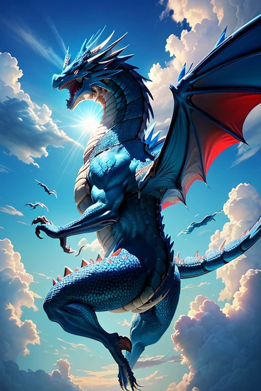 Please create an image of a majestic Blue Dragon from Chinese mythology bursting through a vibrant, azure sky.

(Mythology:1.5), (Dragon:1.2), (Blue:1.3), (vibrant:1.2), (sky:1.3), (detailed:1.4), (feathered wings:1.3), (emerging:1.2), (ripping through clouds:1.4), (sharp claws:1.2), (backlit:1.3), (sunlight:1.2), (realistic:1.4), (absurdly beautiful:1.2), (det