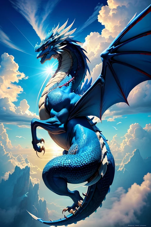 Please create an image of a majestic Blue Dragon from Chinese mythology bursting through a vibrant, azure sky.
(Mythology:1.5), (Dragon:1.2), (Blue:1.3), (vibrant:1.2), (sky:1.3), (detailed:1.4), (feathered wings:1.3), (emerging:1.2), (ripping through clouds:1.4), (sharp claws:1.2), (backlit:1.3), (sunlight:1.2), (realistic:1.4), (absurdly beautiful:1.2), (det