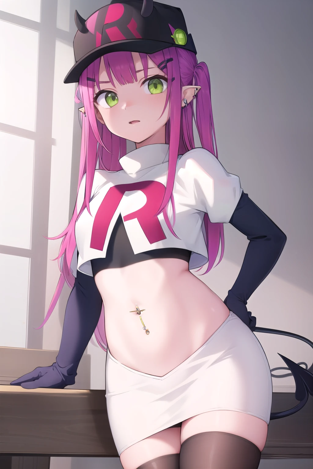 ((masterpiece)),(best quality),official art,extremely detailed CG,unity 8k wallpaper,ultra detailed,1girl,solo,cowboy shot,tokoyami towa,baseball cap,black headwear,colored inner hair,demon girl,demon tail,ear piercing,fake horns,green eyes,hair ornament,hairclip,hat,horned headwear,long hair,multicolored hair,navel piercing,pink hair,pointy ears,purple hair,sidelocks,twintails,streaked hair,tail ornament,tail piercing,team rocket,team rocket uniform,white skirt,red letter R,crop top,black thigh-highs,black elbow gloves