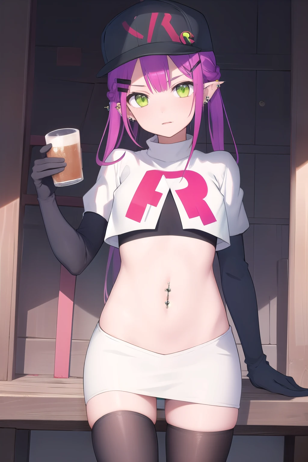((masterpiece)),(best quality),official art,extremely detailed CG,unity 8k wallpaper,ultra detailed,1girl,solo,cowboy shot,tokoyami towa,baseball cap,black headwear,colored inner hair,demon girl,demon tail,ear piercing,fake horns,green eyes,hair ornament,hairclip,hat,horned headwear,long hair,multicolored hair,navel piercing,pink hair,pointy ears,purple hair,sidelocks,twintails,streaked hair,tail ornament,tail piercing,team rocket,team rocket uniform,white skirt,red letter R,crop top,black thigh-highs,black elbow gloves