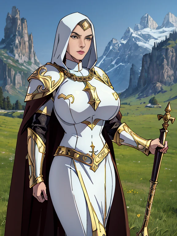 (masterpiece, top quality, best quality, official art, beautiful and aesthetic:1.2), (1girl:1.3), light freckles, fair skin, extremely detailed, portrait, looking at viewer, solo, (full body:0.6), detailed background, close up, (warm grasslands theme:1.1), holy paladin knight, charlatan, smirk, mysterious, swaying in mountains, modest attire, ((((ornate pearly white and gold metal plate armor)))), cowl, nun hood, wimple, boob armor, cowl, robe, chain mail, chainmail, leggings, chainmail leggings, chain mail leggings, (armored breastplate), tunic, hood, pauldrons, greaves, armored, long boots, longsword, shield, cape, cloak, pearlescent metal, white fabric, pale leather, ((((gigantic breasts)))), slim waist, slim hips, long legs, medieval (mountain exterior:1.1) background, dark mysterious lighting, shadows, magical atmosphere, dutch angle,